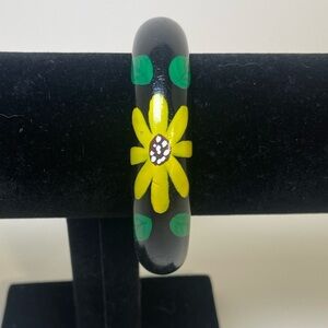 Vintage Floral Black and Yellow Wooden Bangle Bracelet
